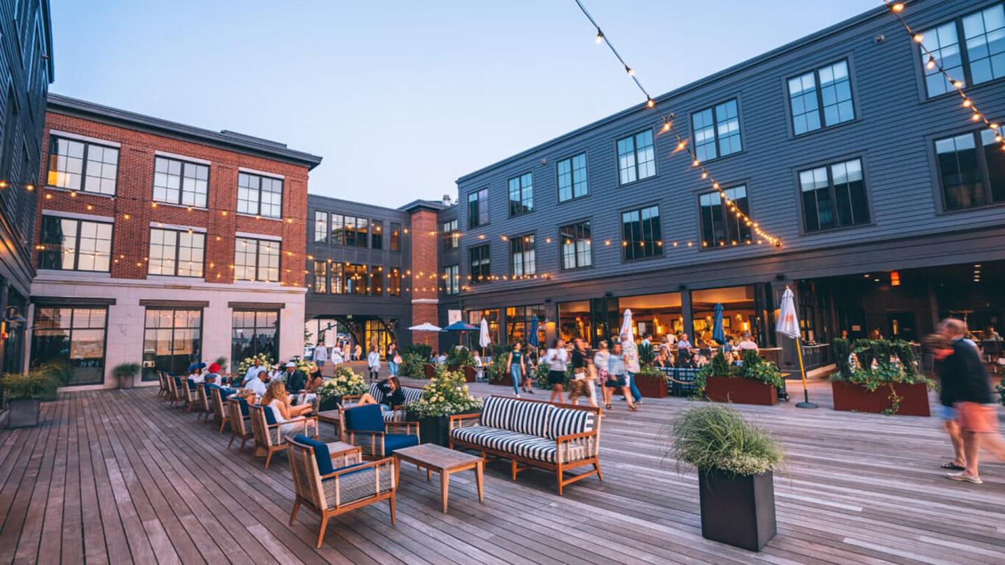 Historic downtown Newport, Rhode Island street at golden hour